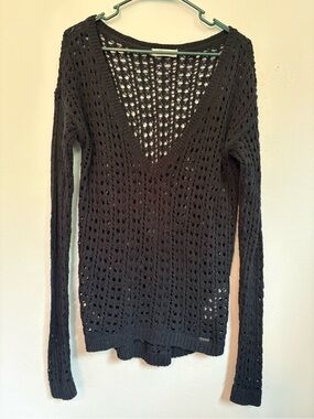 Hollister Black Open Knit Crochet V-Neck Sweater Size M EUC Boho Y2K